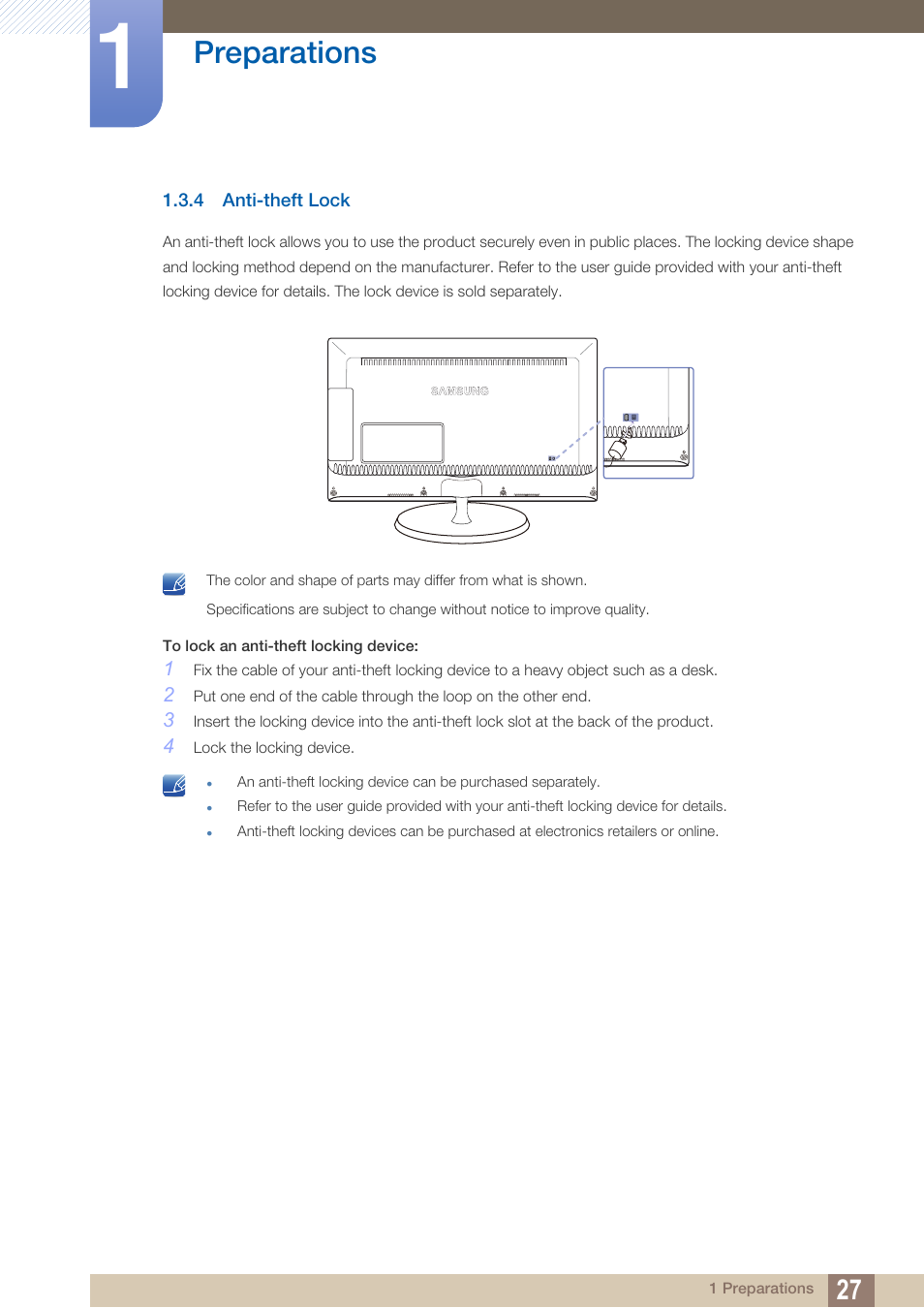 4 anti-theft lock, Anti-theft lock, Preparations | Samsung LS27B550VSY-ZA User Manual | Page 27 / 102