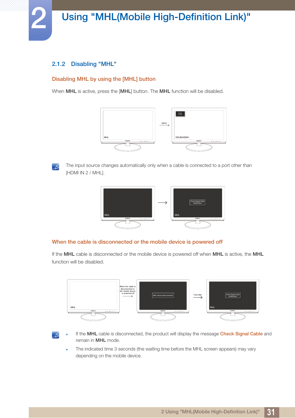 2 disabling "mhl, Disabling "mhl, Using "mhl(mobile high-definition link) | Disabling mhl by using the [mhl] button | Samsung LS27B550VSY-ZA User Manual | Page 31 / 102