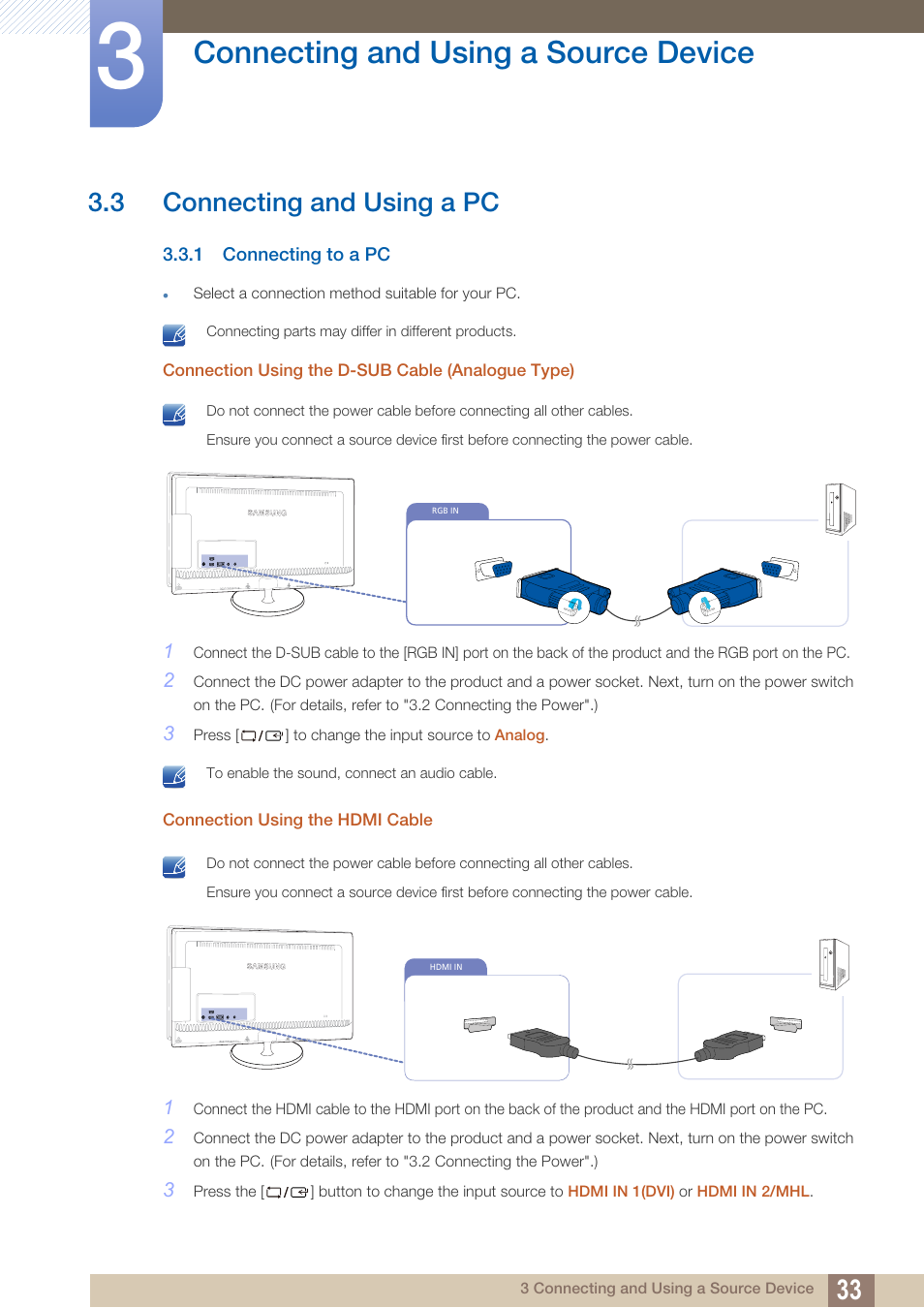 3 connecting and using a pc, 1 connecting to a pc, Connecting and using a pc | Connecting to a pc, Connecting and using a source device | Samsung LS27B550VSY-ZA User Manual | Page 33 / 102