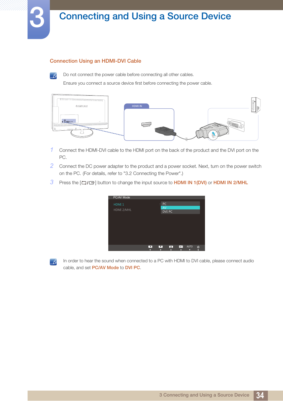 Connecting and using a source device | Samsung LS27B550VSY-ZA User Manual | Page 34 / 102