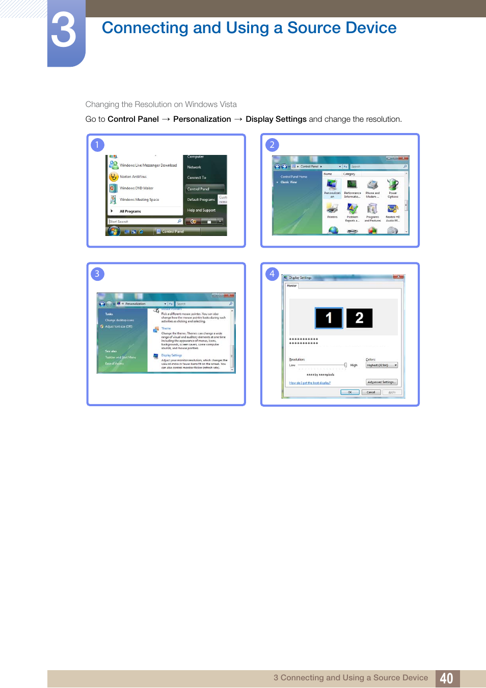 Connecting and using a source device | Samsung LS27B550VSY-ZA User Manual | Page 40 / 102