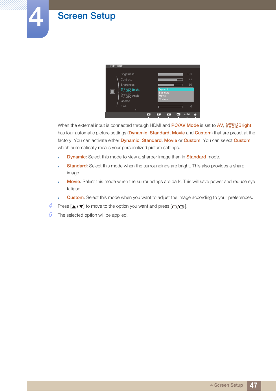 Screen setup | Samsung LS27B550VSY-ZA User Manual | Page 47 / 102