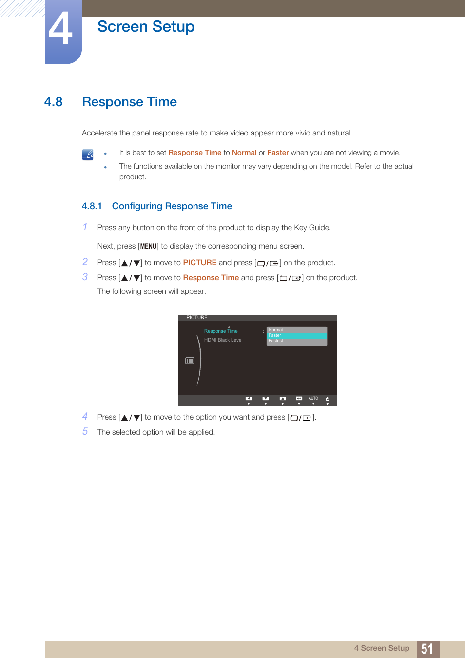 8 response time, 1 configuring response time, Response time | Configuring response time, Screen setup | Samsung LS27B550VSY-ZA User Manual | Page 51 / 102