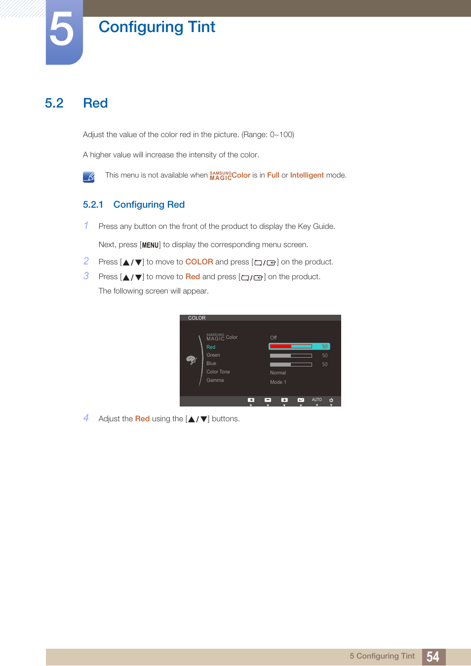 2 red, 1 configuring red, Configuring red | Configuring tint | Samsung LS27B550VSY-ZA User Manual | Page 54 / 102