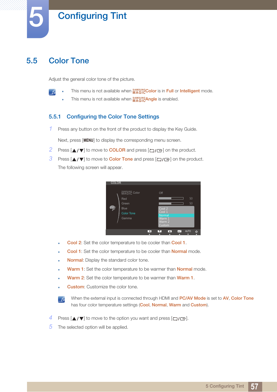 5 color tone, 1 configuring the color tone settings, Color tone | Configuring the color tone settings, Configuring tint | Samsung LS27B550VSY-ZA User Manual | Page 57 / 102