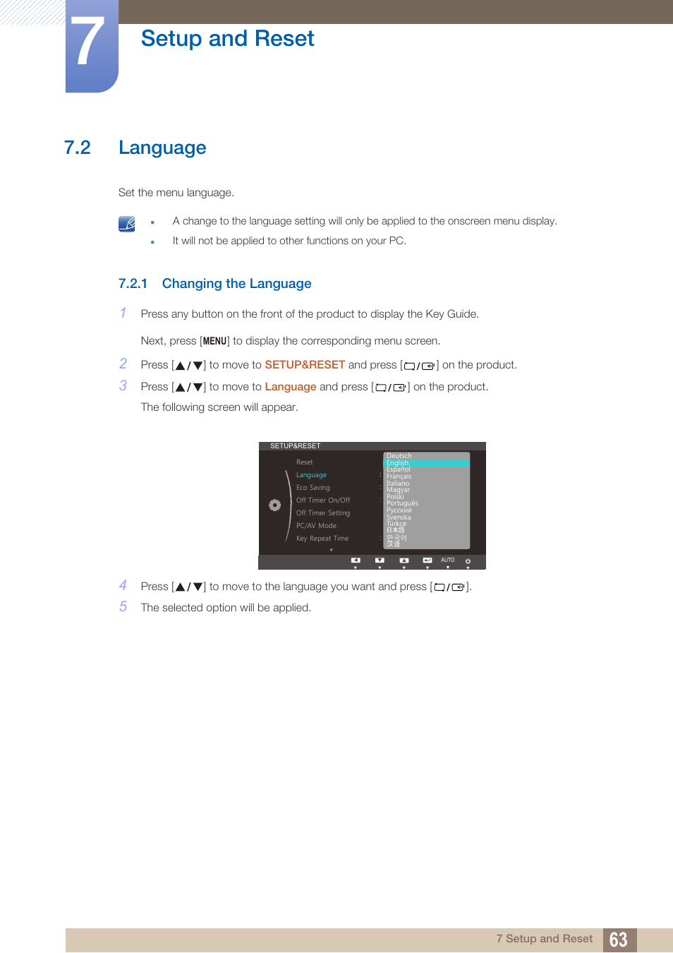 2 language, 1 changing the language, Language | Changing the language, Setup and reset | Samsung LS27B550VSY-ZA User Manual | Page 63 / 102