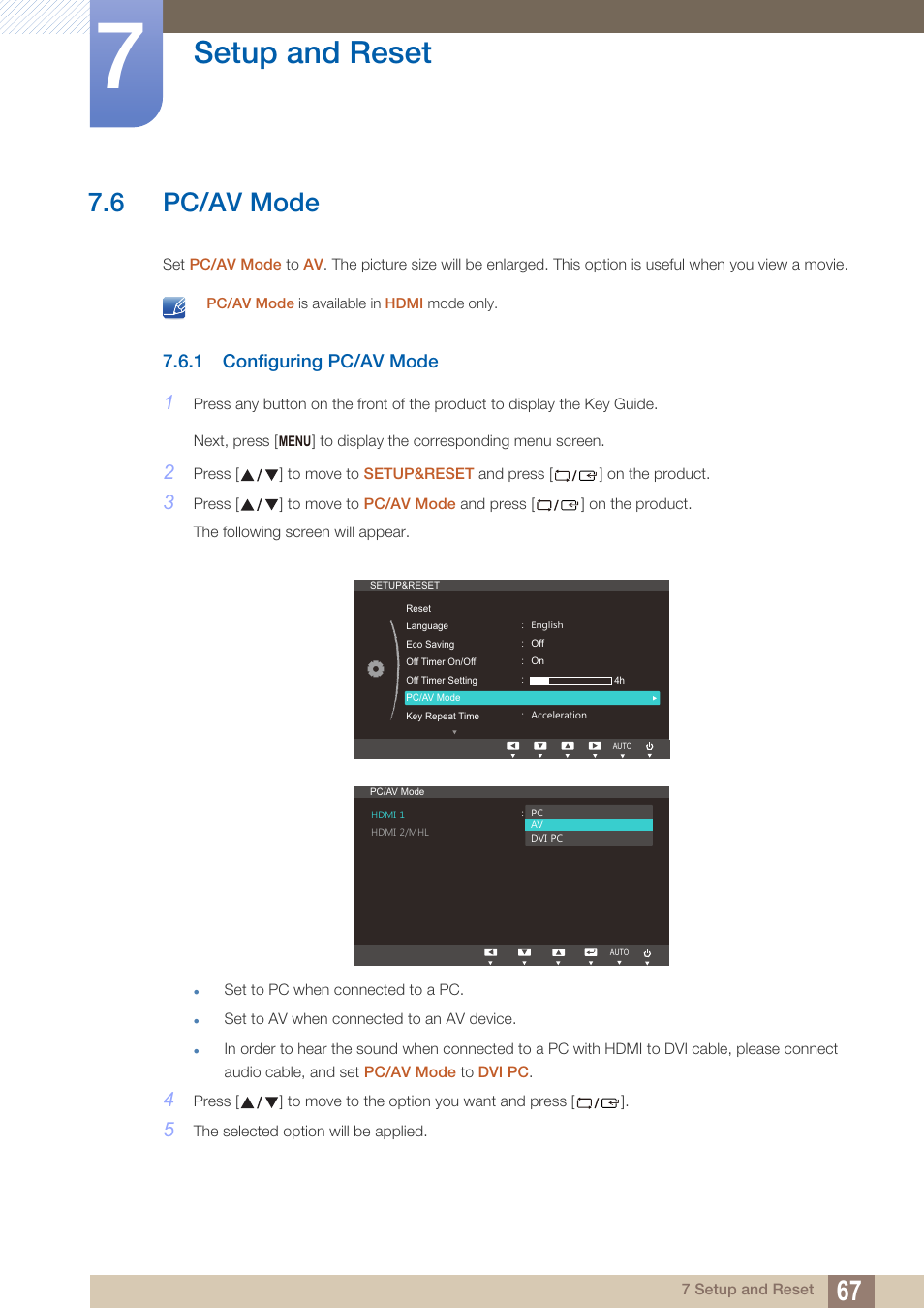 6 pc/av mode, 1 configuring pc/av mode, Pc/av mode | Configuring pc/av mode, Setup and reset | Samsung LS27B550VSY-ZA User Manual | Page 67 / 102