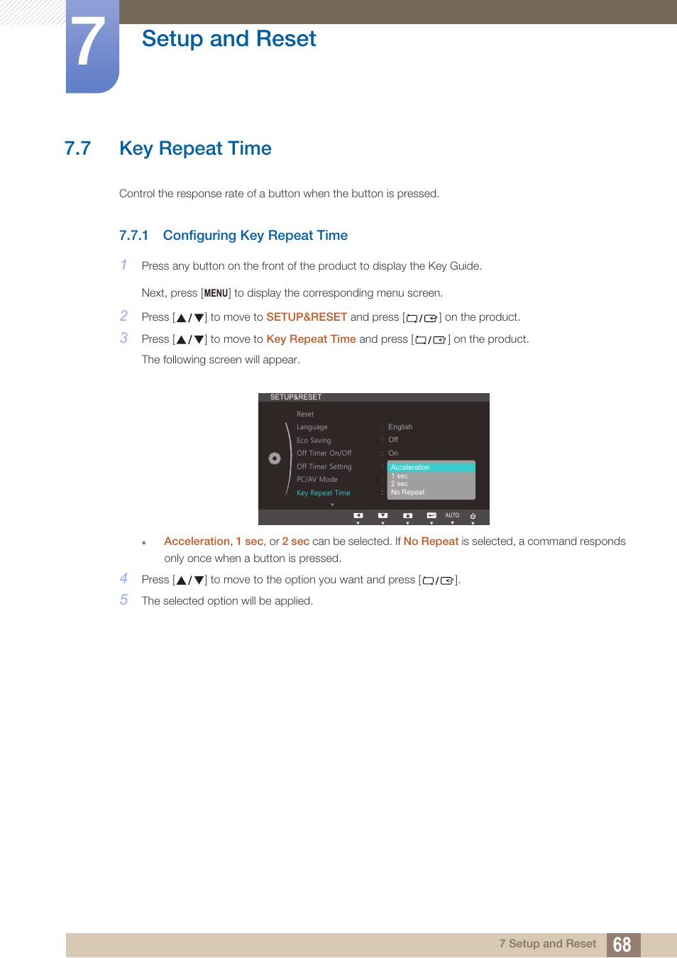 7 key repeat time, 1 configuring key repeat time, Key repeat time | Configuring key repeat time, Setup and reset | Samsung LS27B550VSY-ZA User Manual | Page 68 / 102
