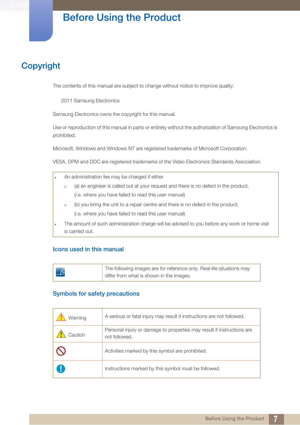 Before using the product, Copyright, Icons used in this manual | Symbols for safety precautions, Before using the, Product | Samsung LS27B550VSY-ZA User Manual | Page 7 / 102