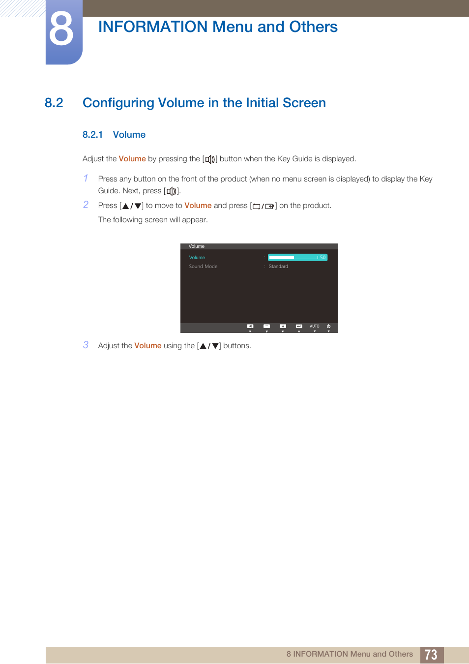 2 configuring volume in the initial screen, 1 volume, Configuring volume in the initial screen | Volume, Information menu and others | Samsung LS27B550VSY-ZA User Manual | Page 73 / 102