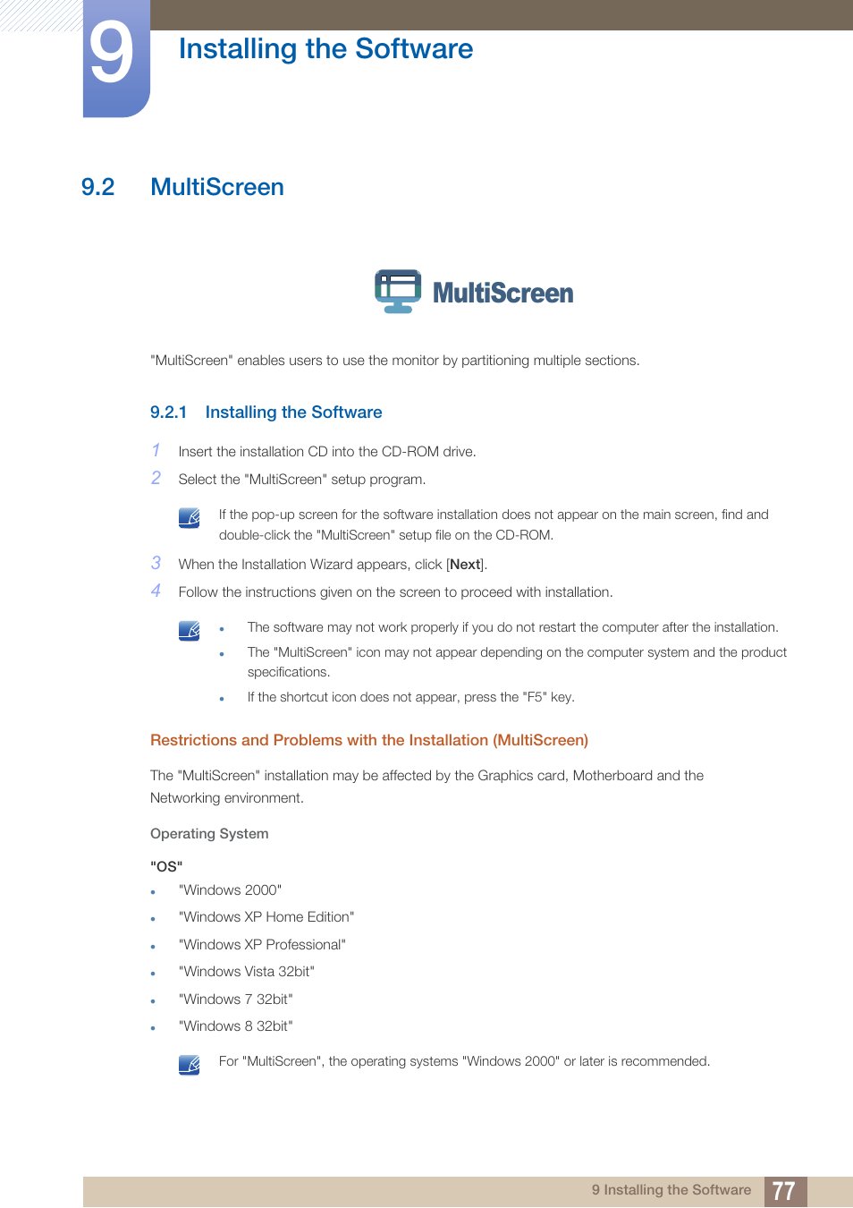 2 multiscreen, 1 installing the software, Multiscreen | Installing the software | Samsung LS27B550VSY-ZA User Manual | Page 77 / 102