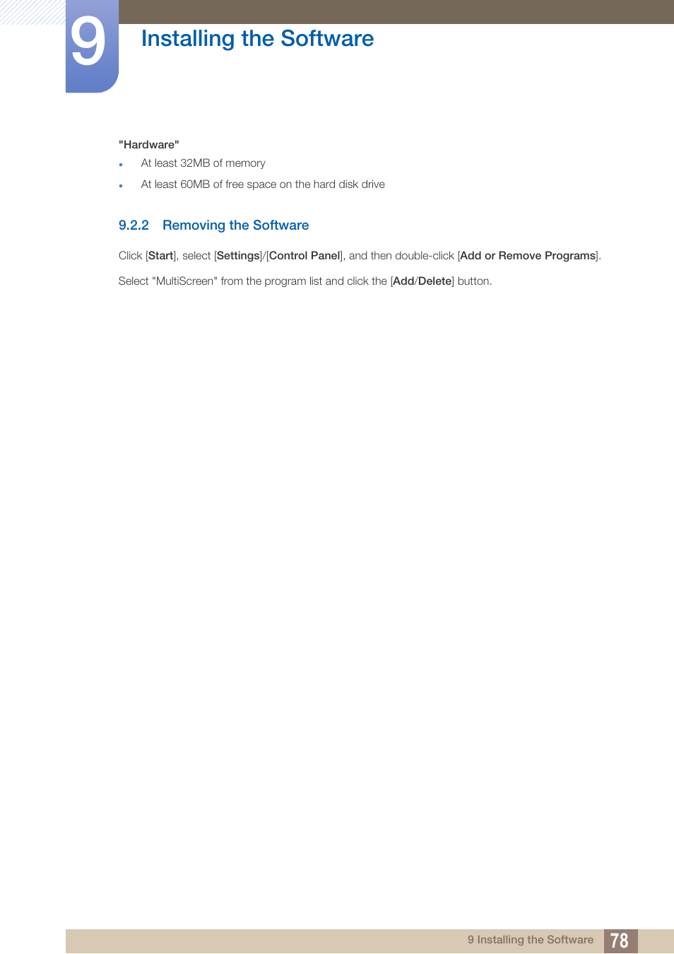 2 removing the software, Removing the software, Installing the software | Samsung LS27B550VSY-ZA User Manual | Page 78 / 102