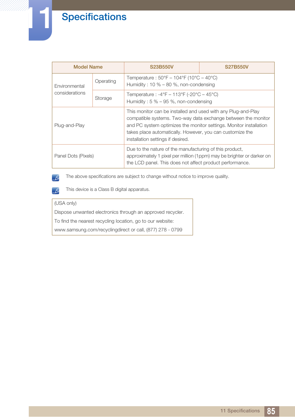 Specifications | Samsung LS27B550VSY-ZA User Manual | Page 85 / 102