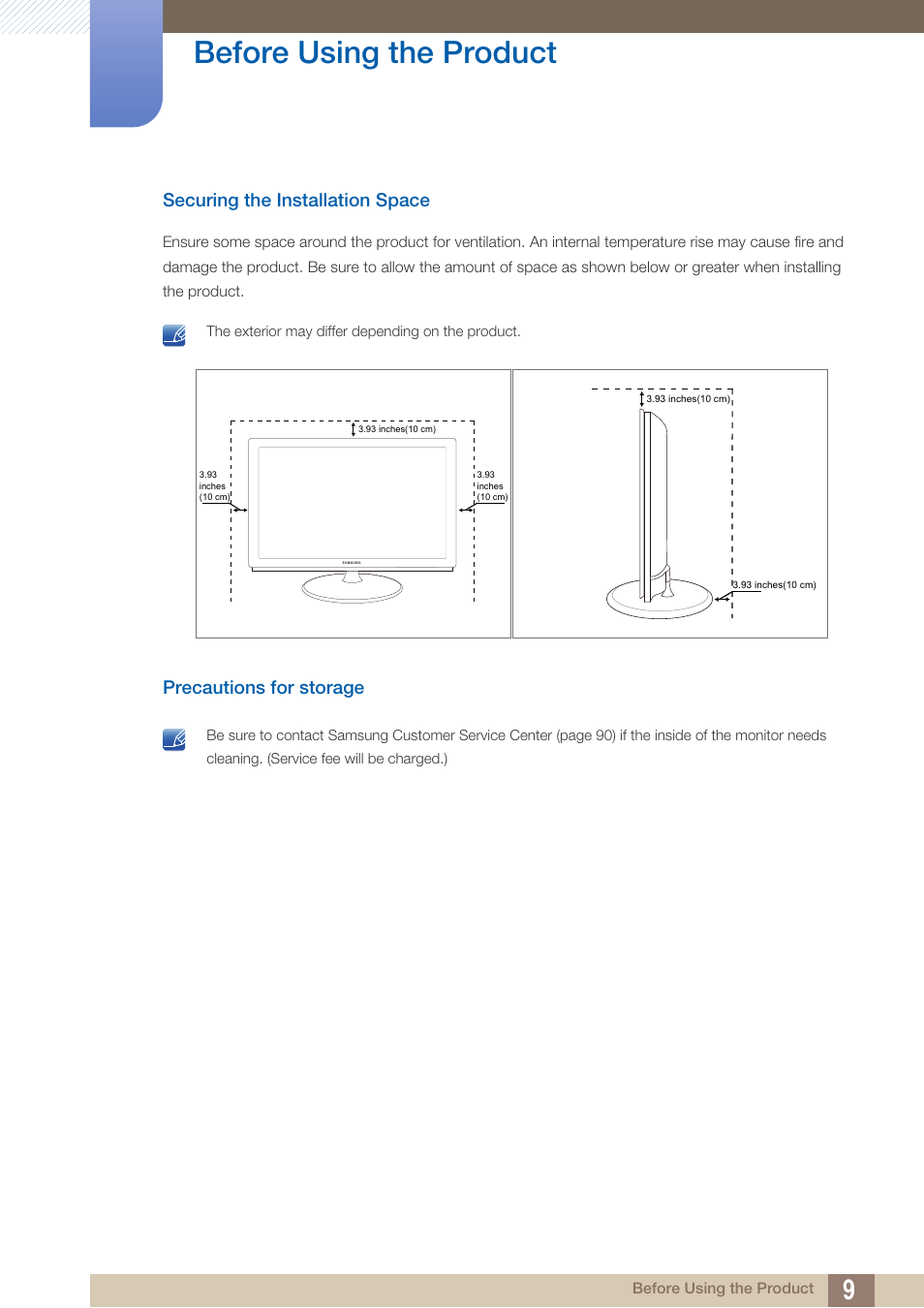Securing the installation space, Precautions for storage, Before using the product | Samsung LS27B550VSY-ZA User Manual | Page 9 / 102