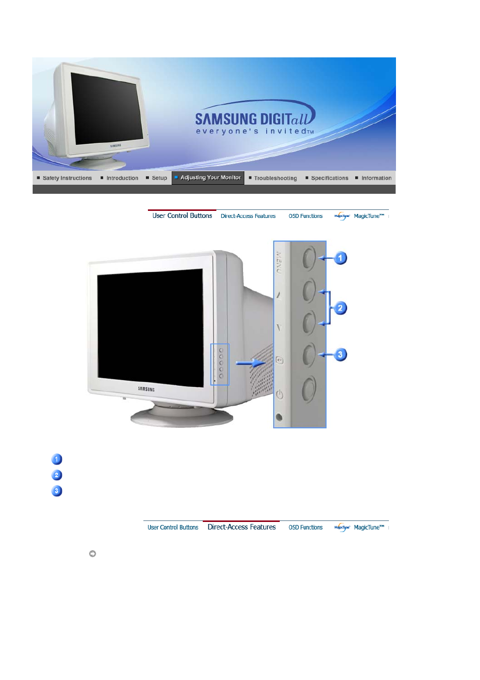 Adjusting your monitor, User control buttons, Direct-access features | Samsung LB17KUBLK User Manual | Page 28 / 103