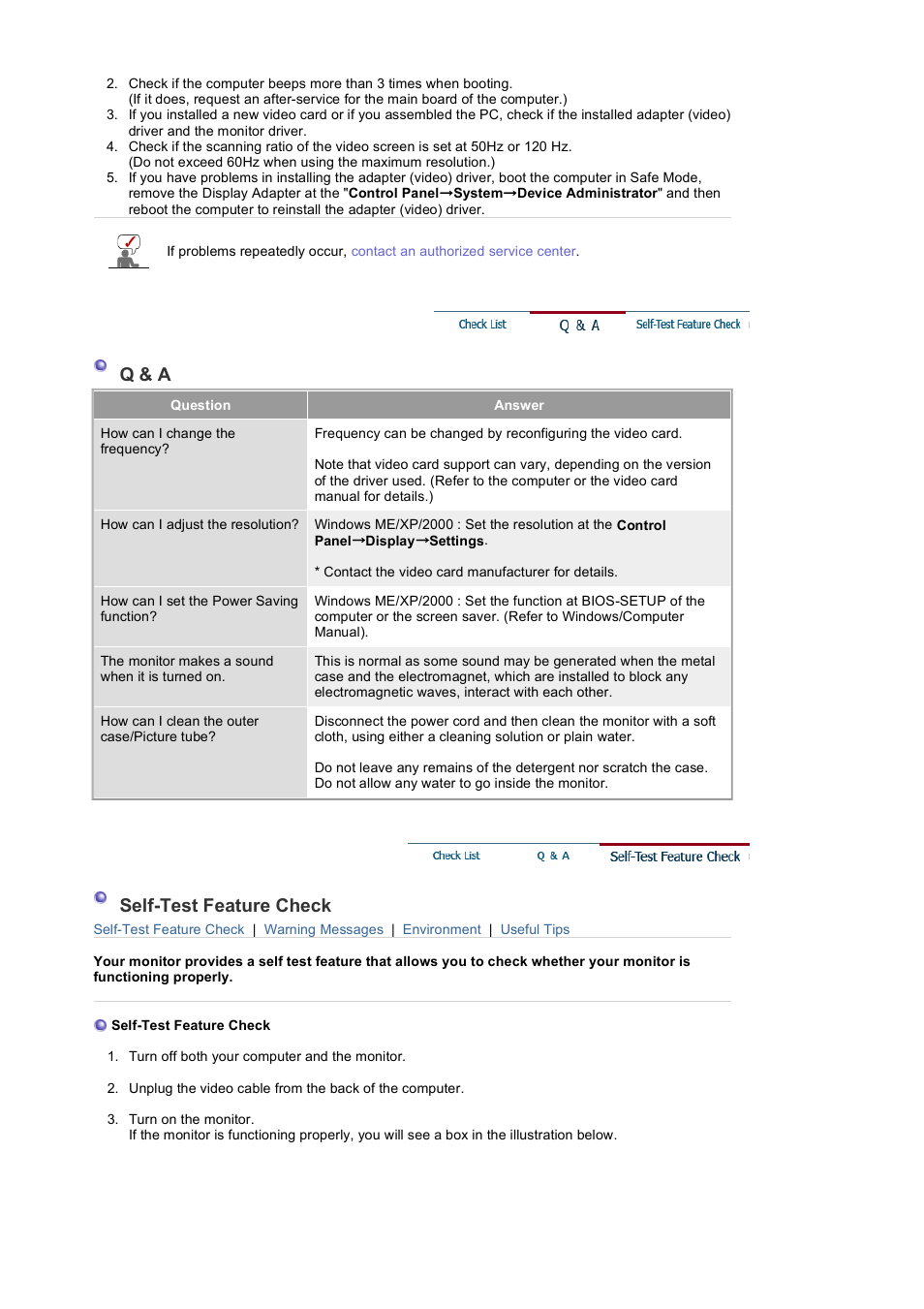 Q & a, Self-test feature check | Samsung LB17KUBLK User Manual | Page 68 / 103