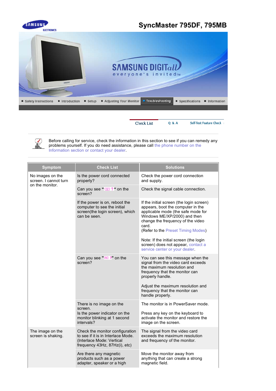 Check list(syncmaster 795df, 795mb) | Samsung LB17KUBLK User Manual | Page 74 / 103