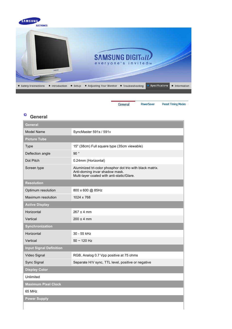 Specifications, General (syncmaster 591s,591v), General | Samsung LB17KUBLK User Manual | Page 82 / 103