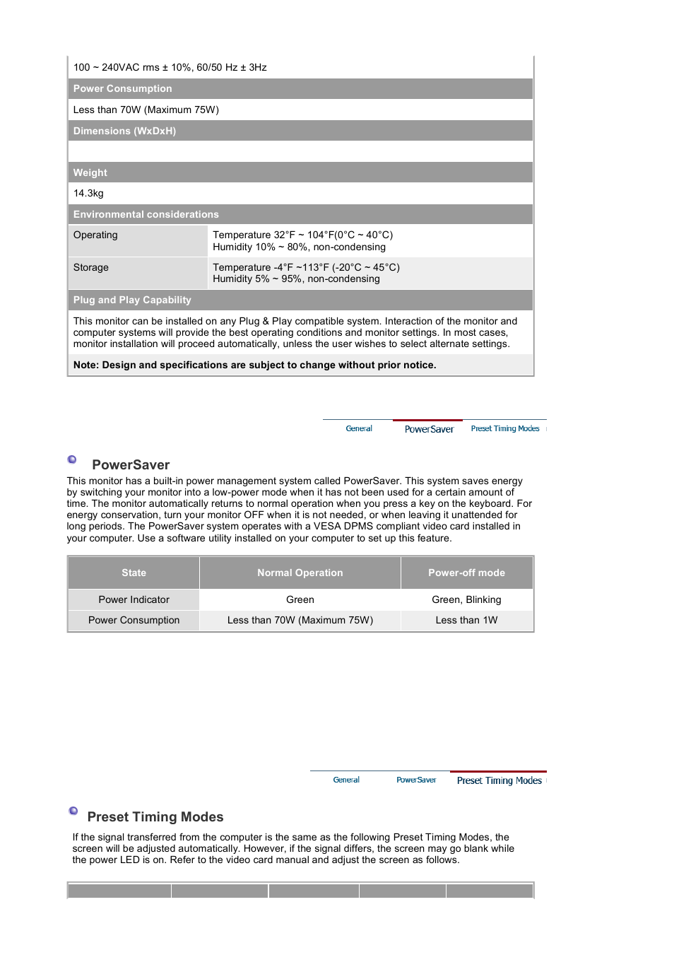 Powersaver, Preset timing modes | Samsung LB17KUBLK User Manual | Page 89 / 103