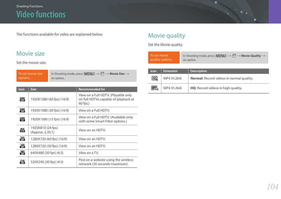 Video functions, Movie size, Movie quality | Movie size movie quality | Samsung EV-NX300ZBAVUS User Manual | Page 105 / 203