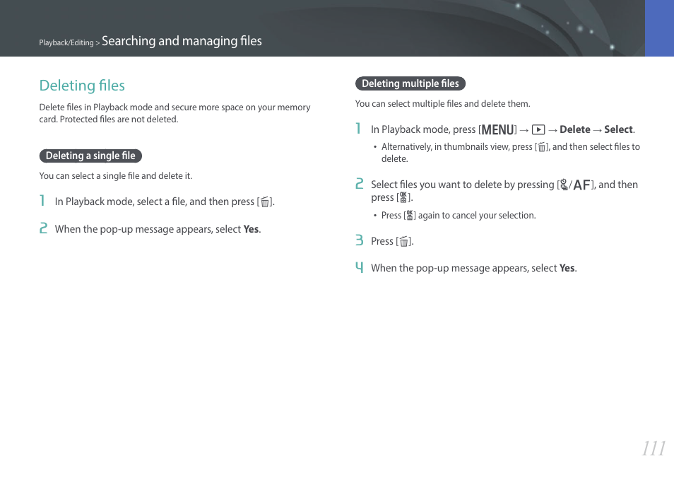 Deleting files, Deleting a single file, Deleting multiple files | Deleting a single file deleting multiple files | Samsung EV-NX300ZBAVUS User Manual | Page 112 / 203