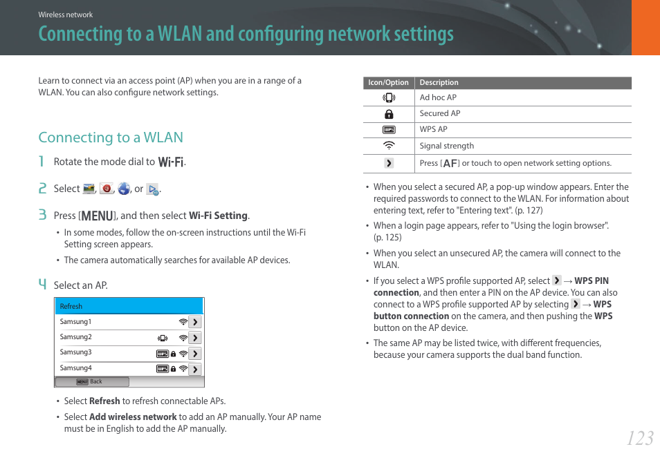 Connecting to a wlan | Samsung EV-NX300ZBAVUS User Manual | Page 124 / 203