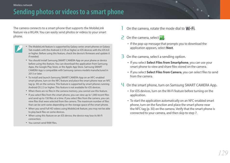 Sending photos or videos to a smart phone | Samsung EV-NX300ZBAVUS User Manual | Page 130 / 203