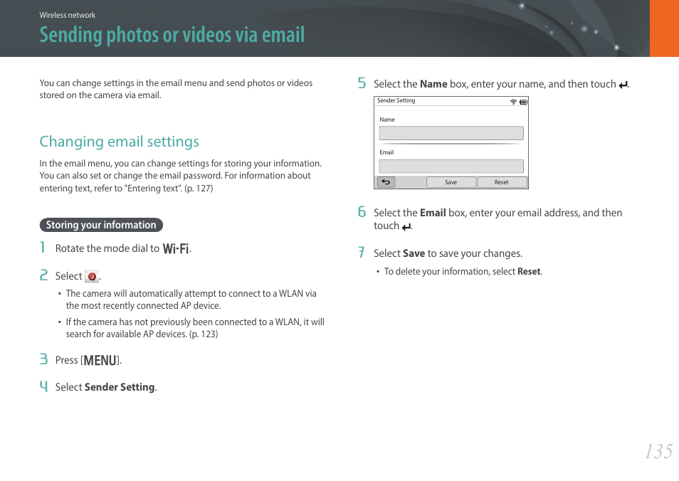 Sending photos or videos via email, Changing email settings, Storing your information | Samsung EV-NX300ZBAVUS User Manual | Page 136 / 203