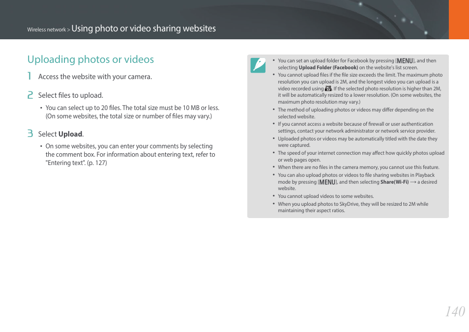 Uploading photos or videos, Using photo or video sharing websites | Samsung EV-NX300ZBAVUS User Manual | Page 141 / 203