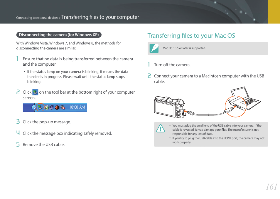 Disconnecting the camera (for windows xp), Transferring files to your mac os | Samsung EV-NX300ZBAVUS User Manual | Page 162 / 203