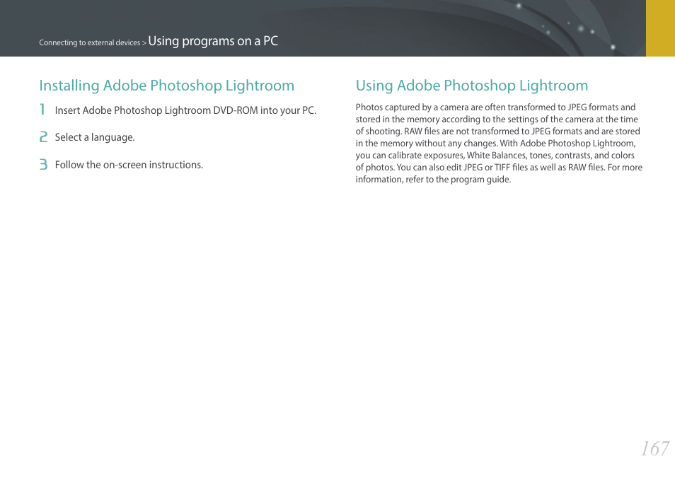 Installing adobe photoshop lightroom, Using adobe photoshop lightroom | Samsung EV-NX300ZBAVUS User Manual | Page 168 / 203