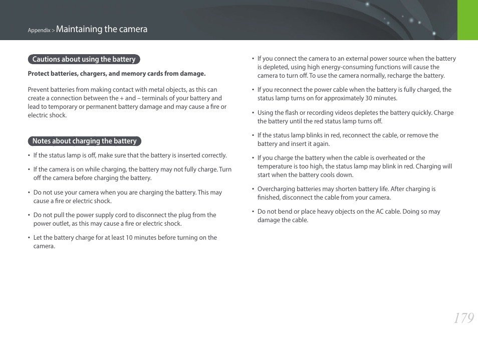 Cautions about using the battery, Notes about charging the battery, Maintaining the camera | Samsung EV-NX300ZBAVUS User Manual | Page 180 / 203