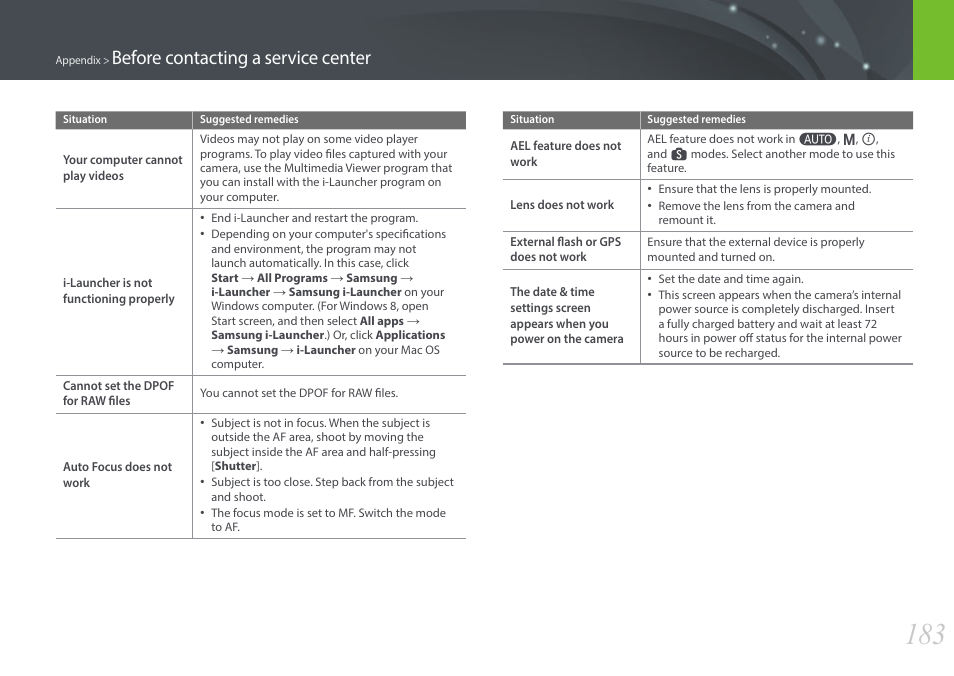 Before contacting a service center | Samsung EV-NX300ZBAVUS User Manual | Page 184 / 203