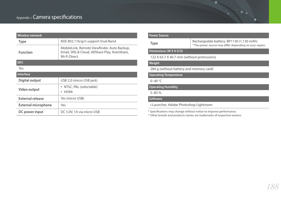 Camera specifications | Samsung EV-NX300ZBAVUS User Manual | Page 189 / 203