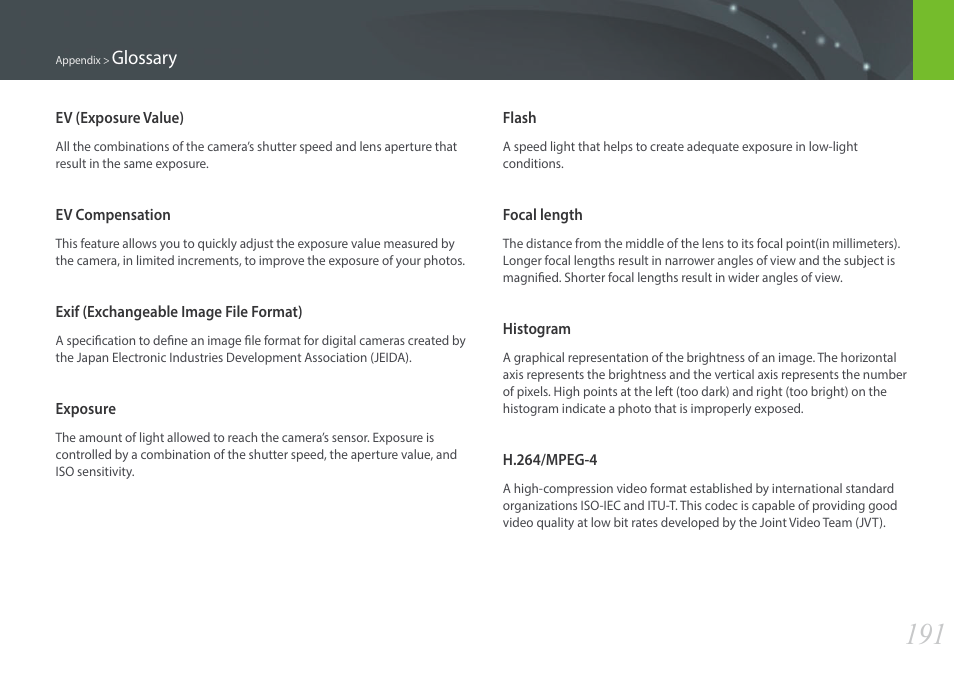 Glossary | Samsung EV-NX300ZBAVUS User Manual | Page 192 / 203