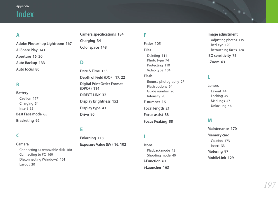 Index | Samsung EV-NX300ZBAVUS User Manual | Page 198 / 203