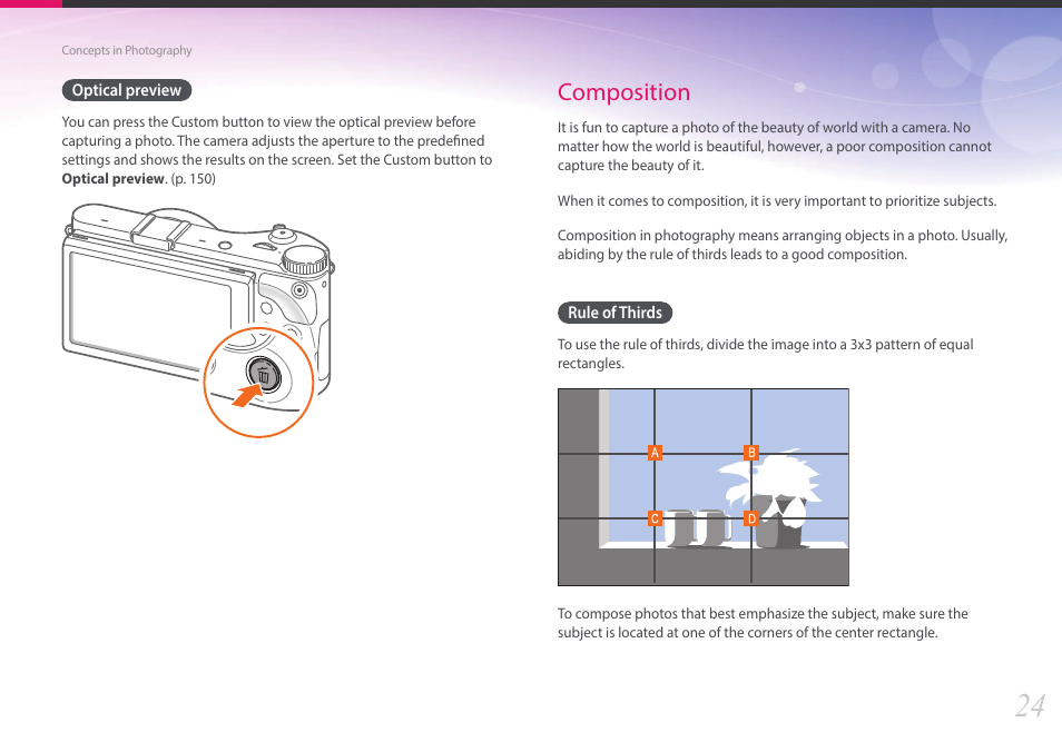 Optical preview, Composition, Rule of thirds | Samsung EV-NX300ZBAVUS User Manual | Page 25 / 203