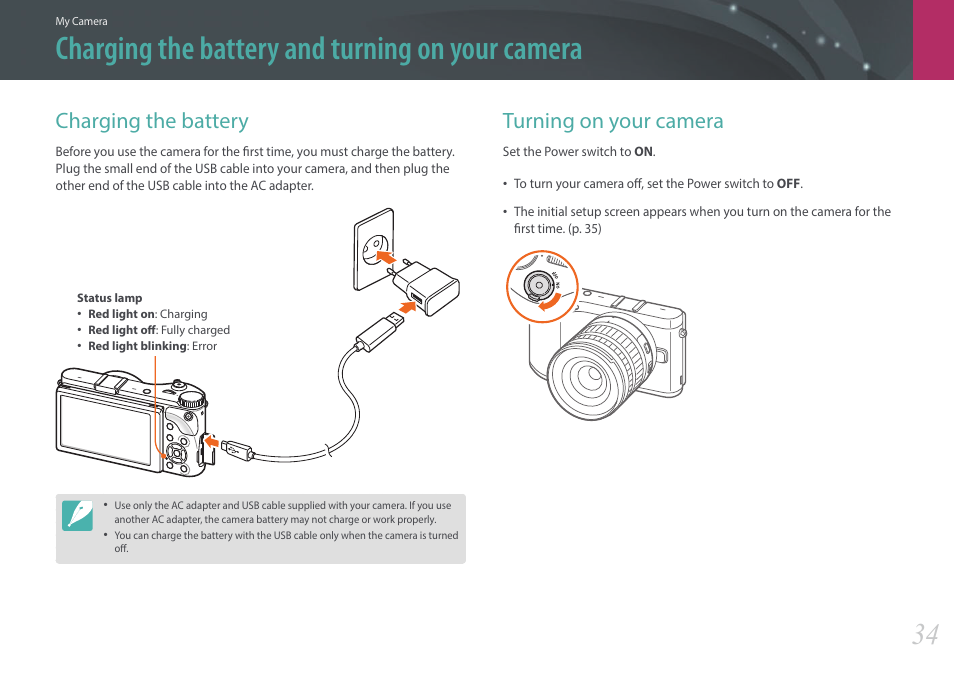 Charging the battery and turning on your camera, Charging the battery, Turning on your camera | Charging the battery turning on your camera | Samsung EV-NX300ZBAVUS User Manual | Page 35 / 203