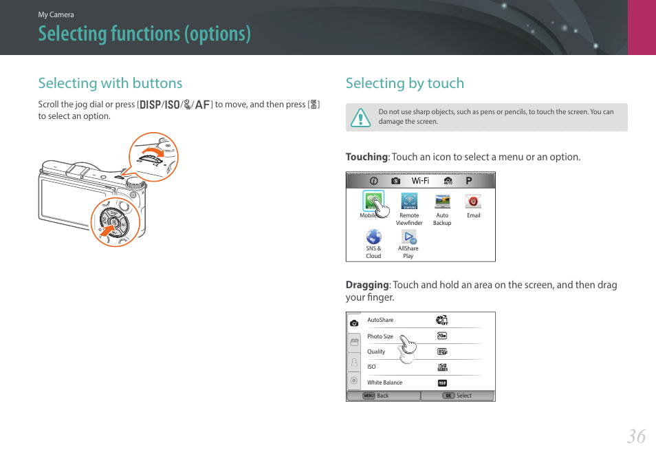 Selecting functions (options), Selecting with buttons, Selecting by touch | Selecting with buttons selecting by touch | Samsung EV-NX300ZBAVUS User Manual | Page 37 / 203