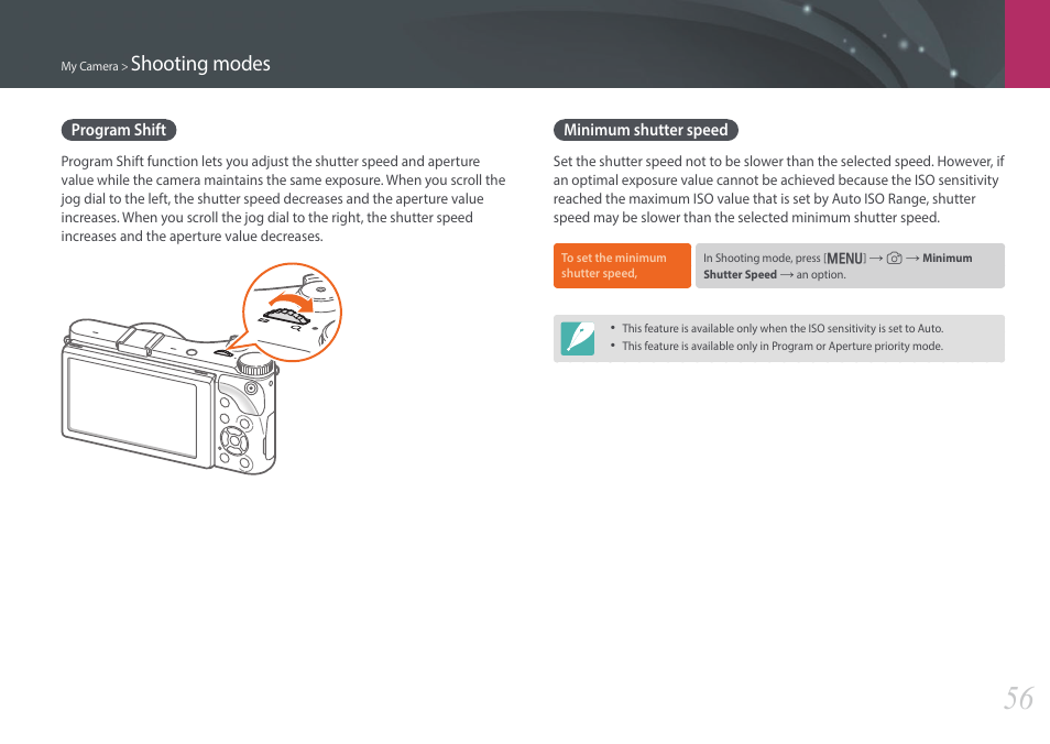 Program shift, Minimum shutter speed, Program shift minimum shutter speed | Shooting modes | Samsung EV-NX300ZBAVUS User Manual | Page 57 / 203