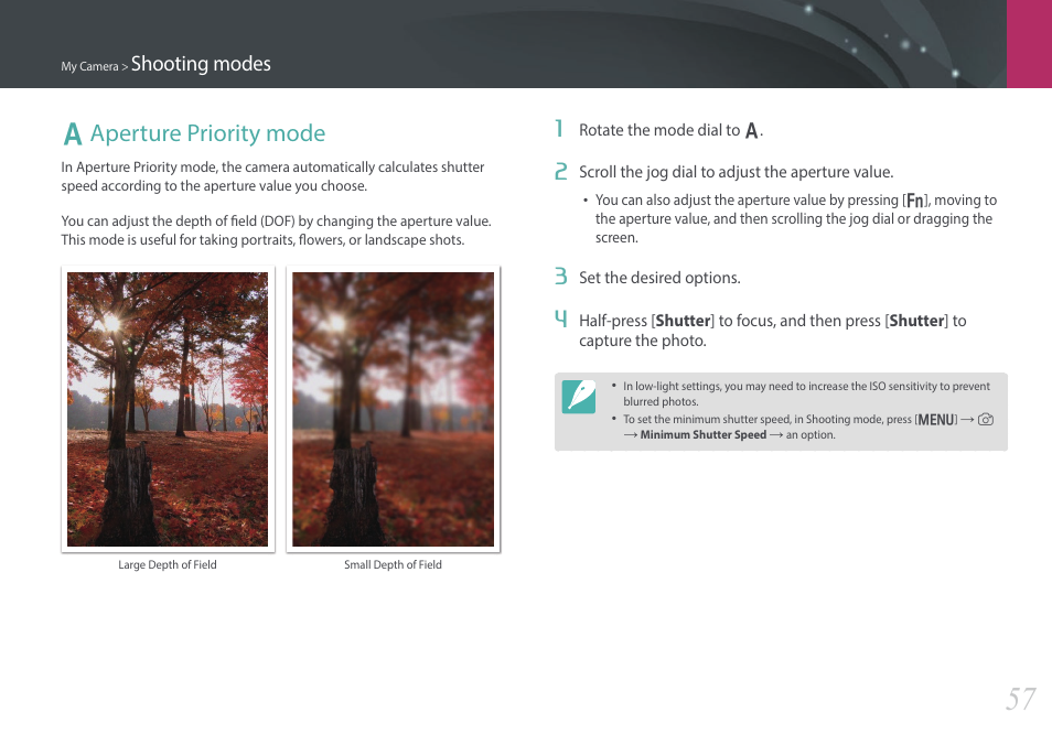 Aperture priority mode, A aperture priority mode, Shooting modes | Samsung EV-NX300ZBAVUS User Manual | Page 58 / 203