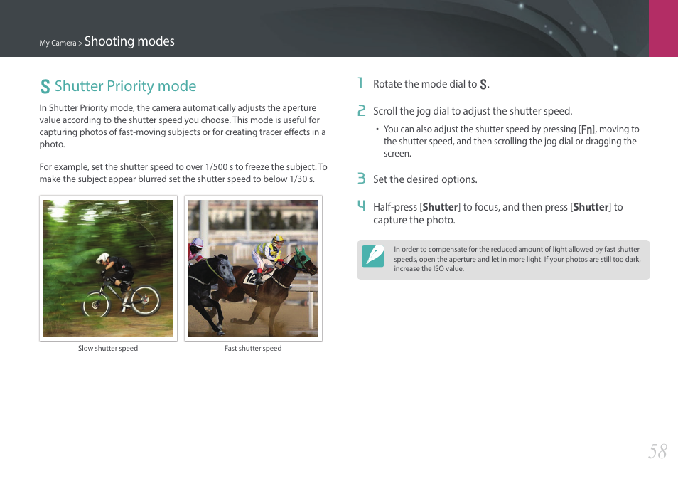 Shutter priority mode, S shutter priority mode | Samsung EV-NX300ZBAVUS User Manual | Page 59 / 203