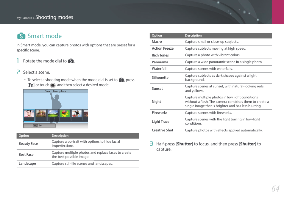 Smart mode, S smart mode, Shooting modes | Samsung EV-NX300ZBAVUS User Manual | Page 65 / 203