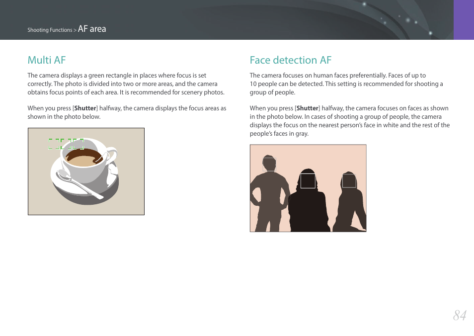 Multi af, Face detection af, Multi af face detection af | Samsung EV-NX300ZBAVUS User Manual | Page 85 / 203