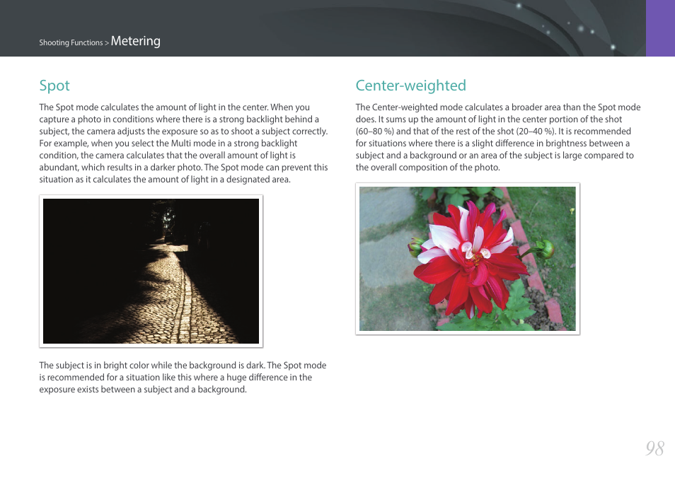 Spot, Center-weighted, Spot center-weighted | Samsung EV-NX300ZBAVUS User Manual | Page 99 / 203