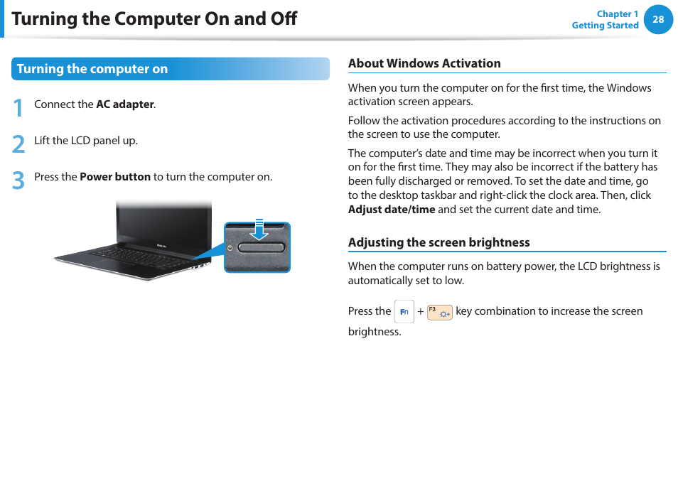 Turning the computer on and off | Samsung NP940X5J-K01US User Manual | Page 29 / 115
