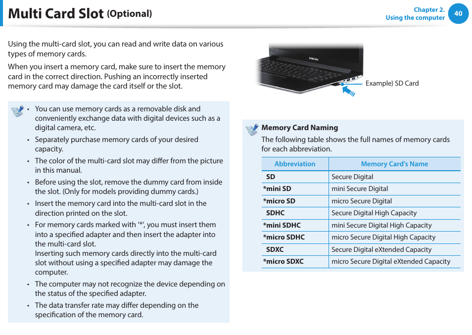 Multi card slot (optional), Multi card slot, Optional) | Samsung NP940X5J-K01US User Manual | Page 41 / 115