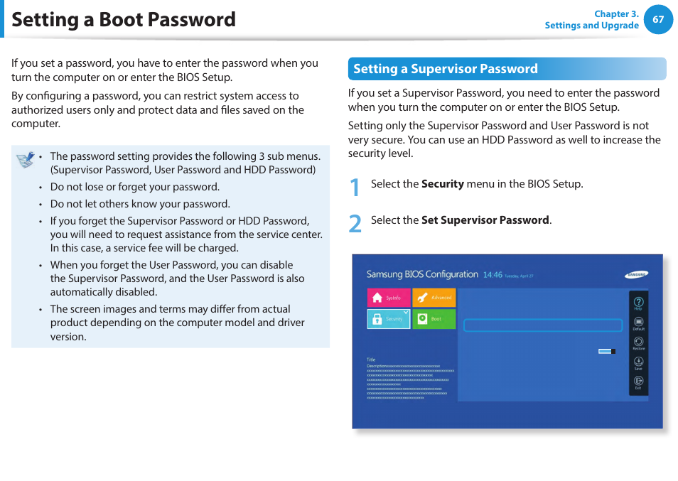 Setting a boot password, Setting a supervisor password | Samsung NP940X5J-K01US User Manual | Page 68 / 115