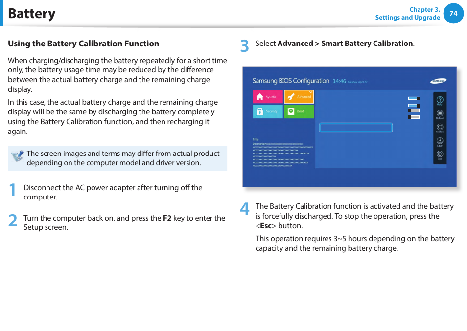 Battery, Using the battery calibration function | Samsung NP940X5J-K01US User Manual | Page 75 / 115