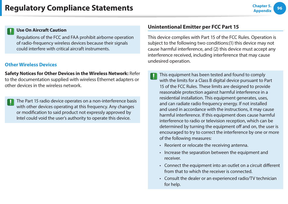 Regulatory compliance statements | Samsung NP940X5J-K01US User Manual | Page 97 / 115